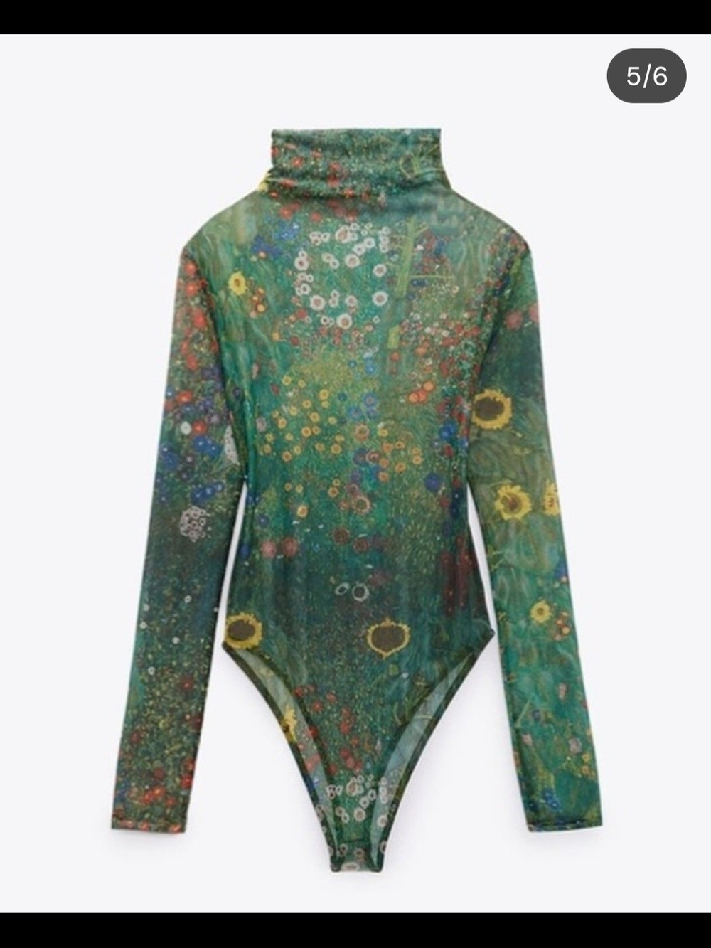 Zara Gustav Klimt Tulle Body Green Floral Mesh Turtleneck Bodysuit Size L
